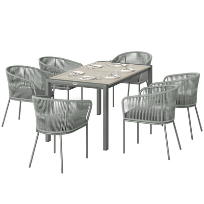 6 Seater Rattan Dining Set with Acacia Wood Table Top Seat Cushions