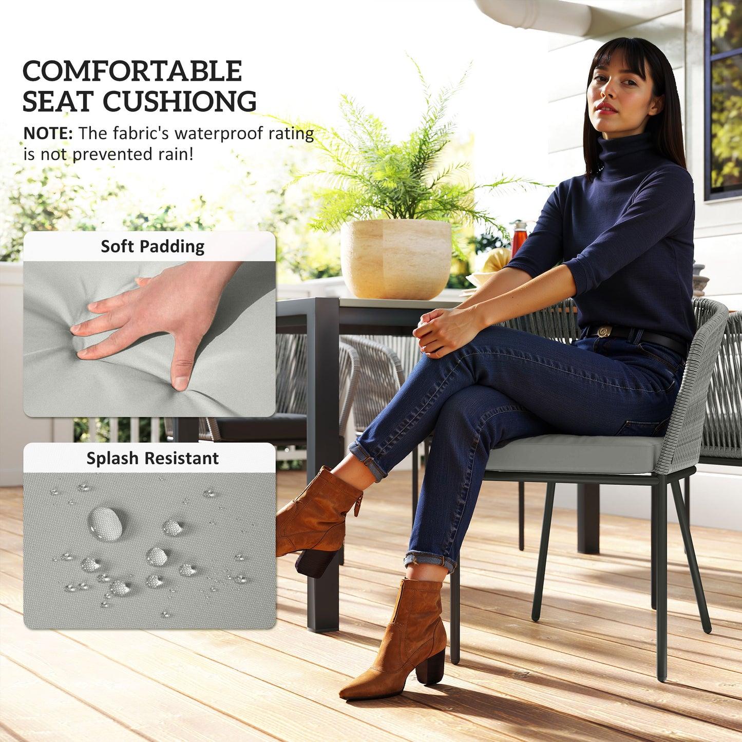 6 Seater Rattan Dining Set with Acacia Wood Table Top Seat Cushions