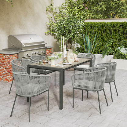 6 Seater Rattan Dining Set with Acacia Wood Table Top Seat Cushions