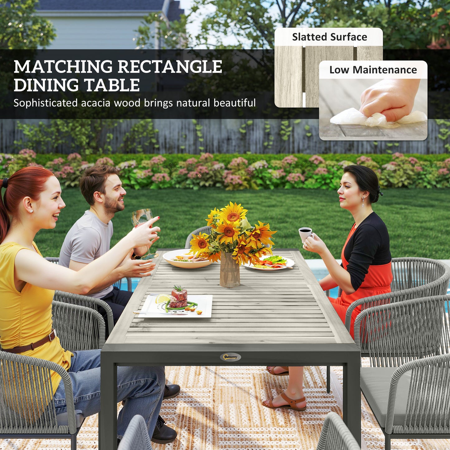 6 Seater Rattan Dining Set with Acacia Wood Table Top Seat Cushions