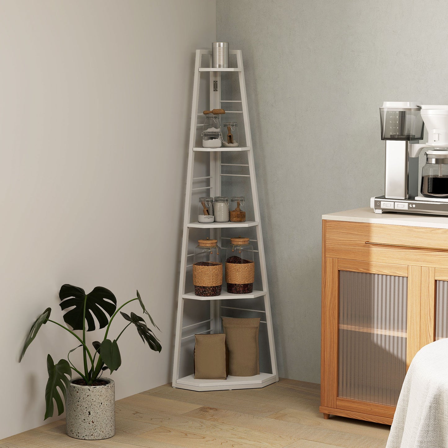 5-Tier Corner Shelf, Shelving Unit with Adjustable Feet, White