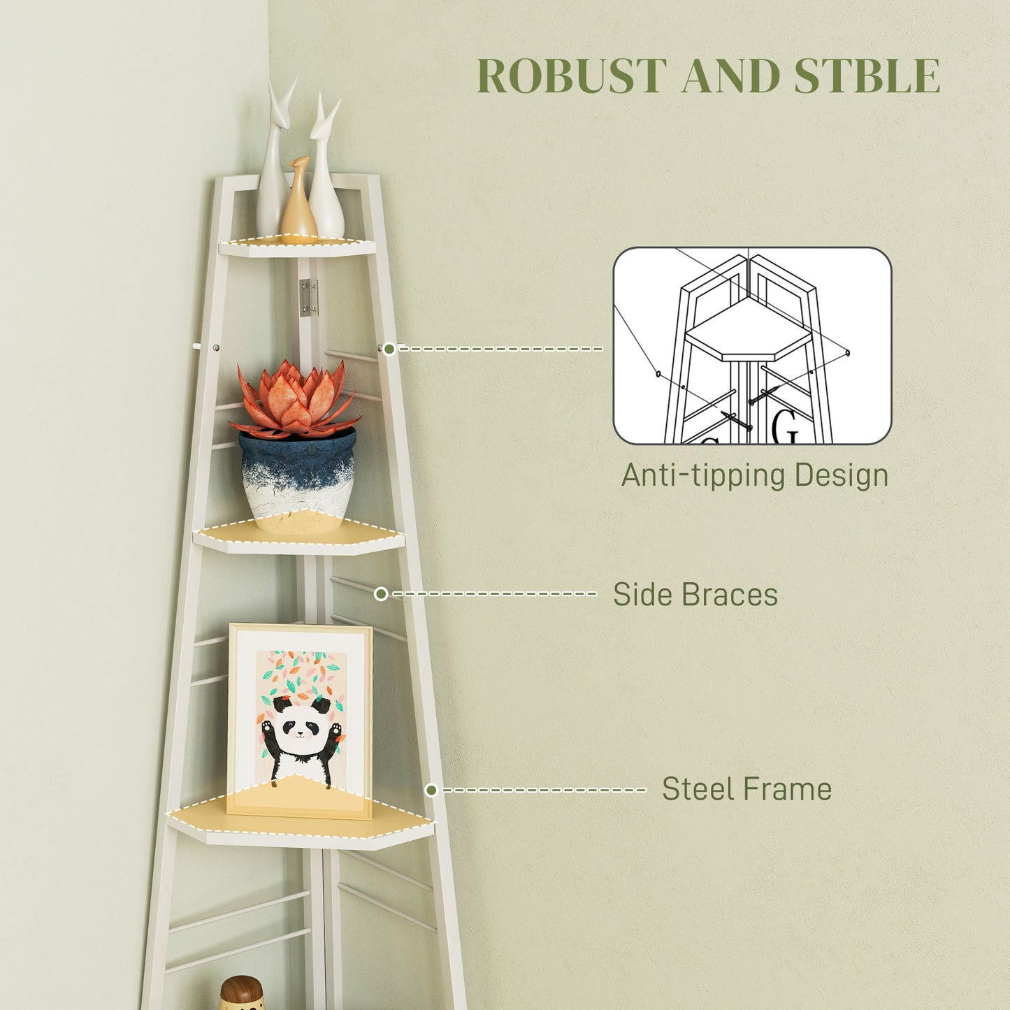 5-Tier Corner Shelf, Shelving Unit with Adjustable Feet, White