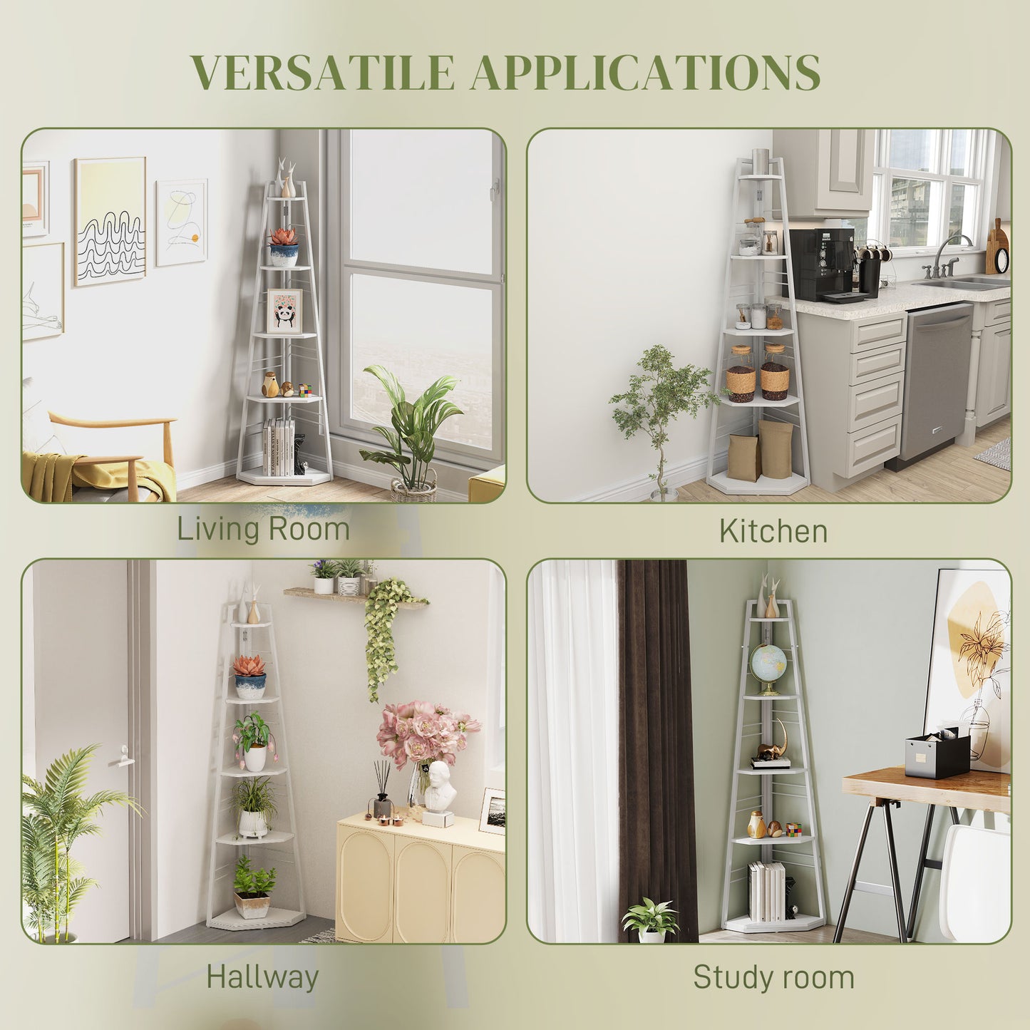 5-Tier Corner Shelf, Shelving Unit with Adjustable Feet, White