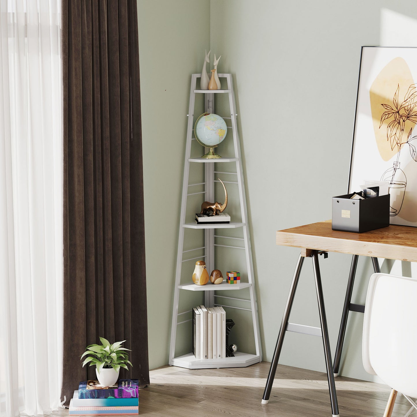 5-Tier Corner Shelf, Shelving Unit with Adjustable Feet, White