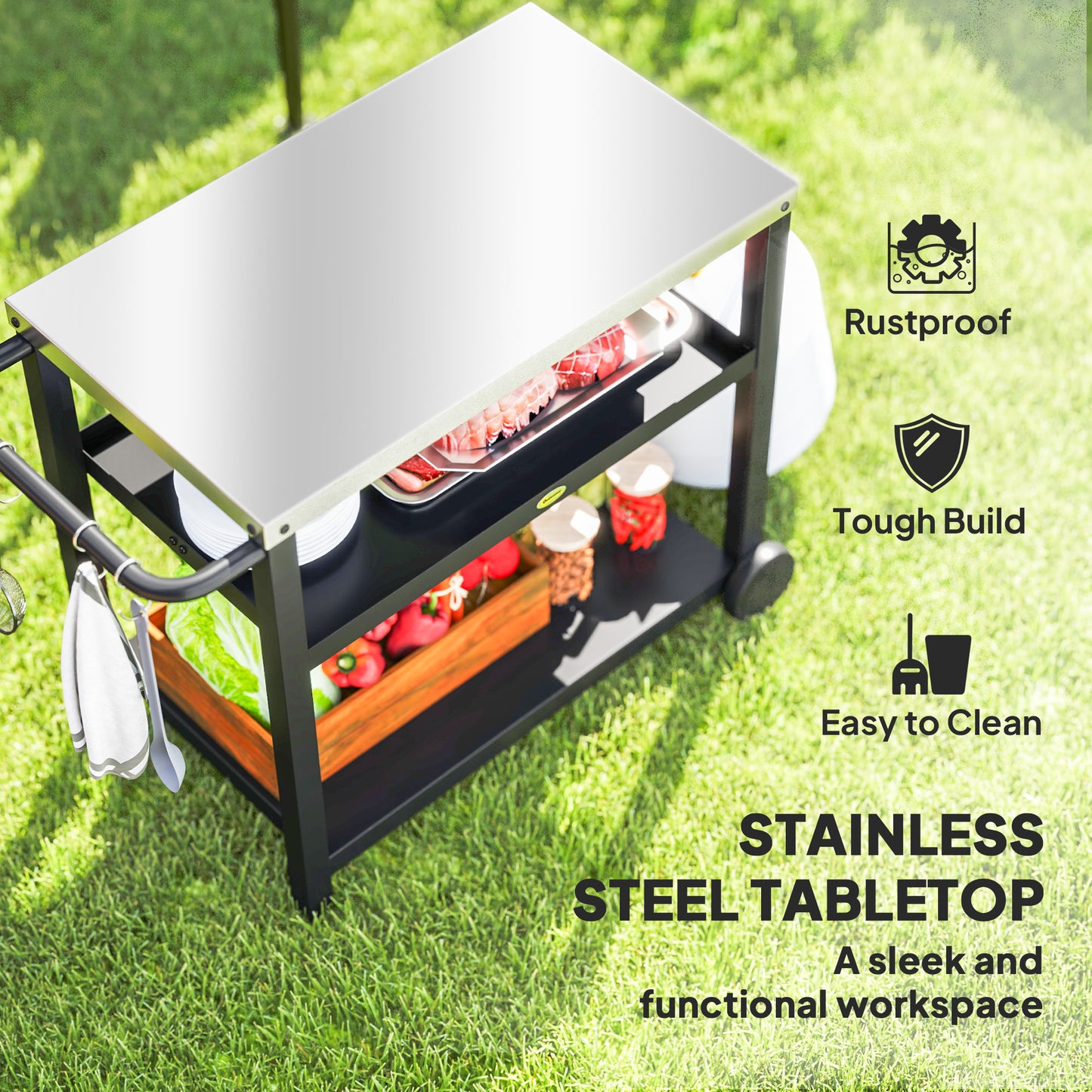 Outdoor BBQ Table with 2-Tier Shelf, Outdoor Kitchen, Charcoal Grey