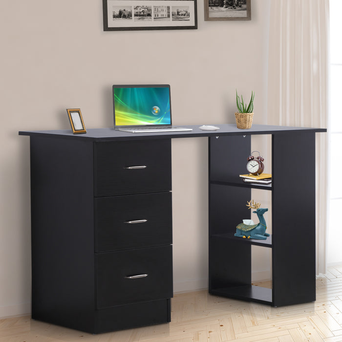 Modern Style Computer Desk Writing PC Table Workstation Laptop Study Stationery Cupboard w/ 3 Shelf & Drawers - Black 120H cm