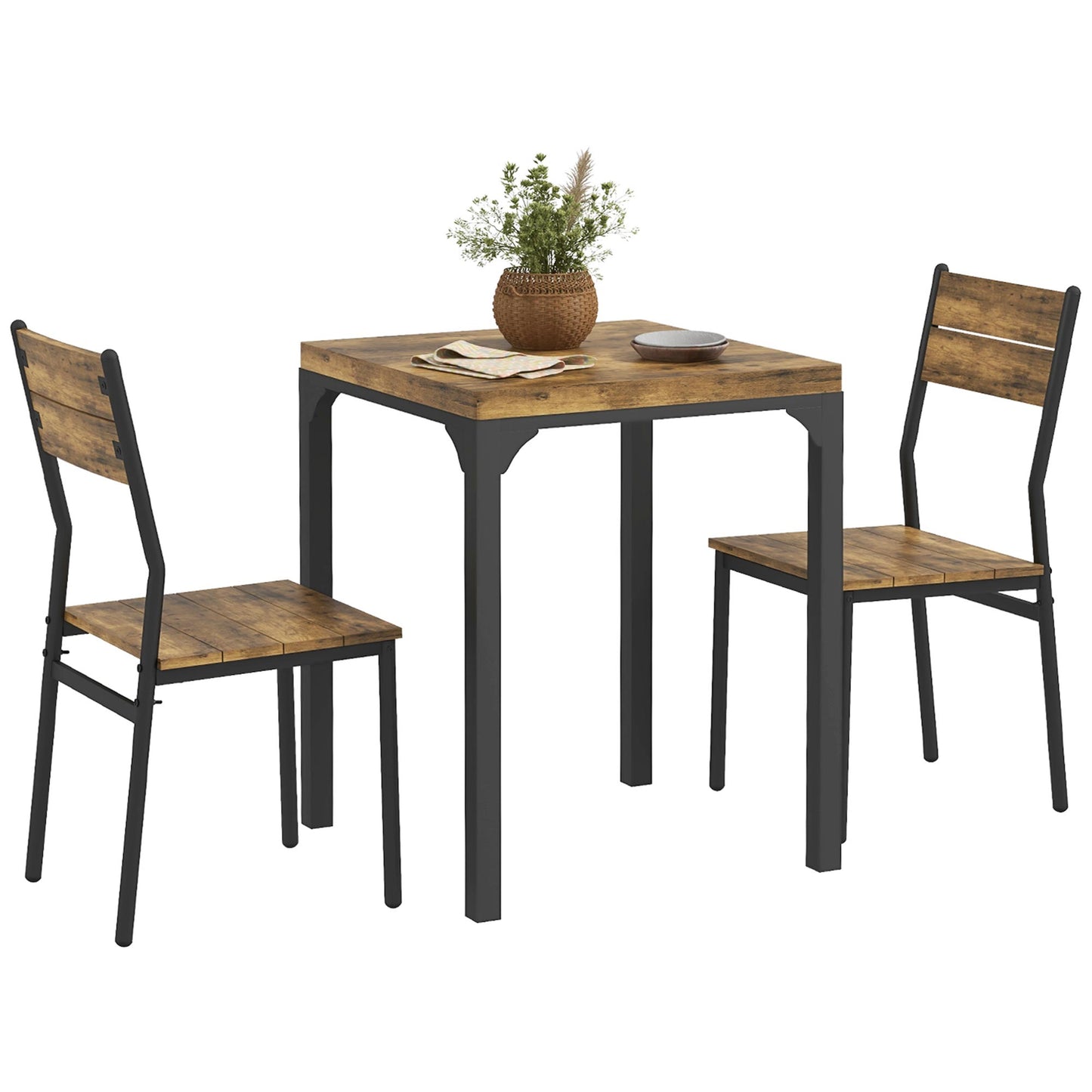 3 Pcs Compact Dining Table 2 Chairs Set Rustic Brown