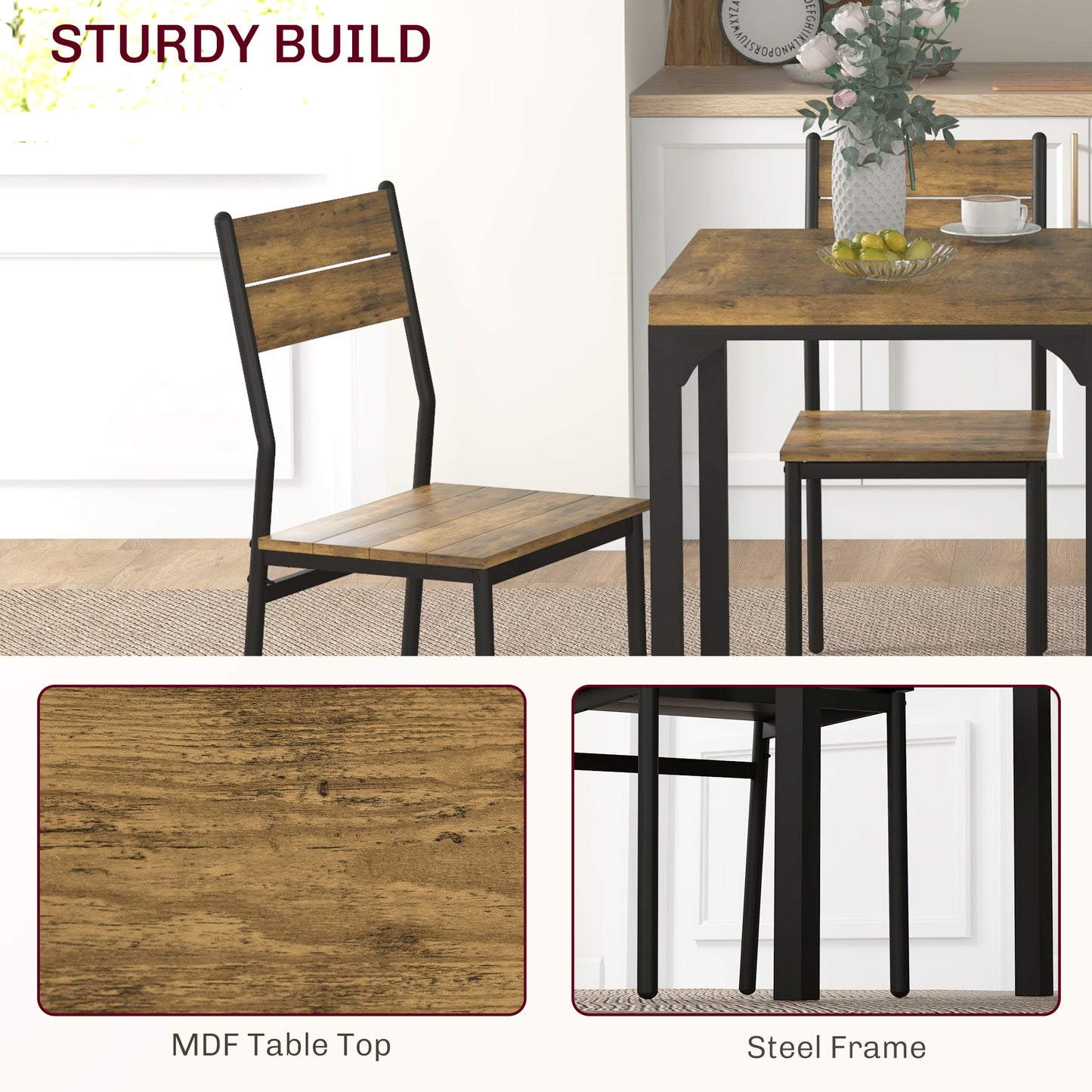 3 Pcs Compact Dining Table 2 Chairs Set Rustic Brown