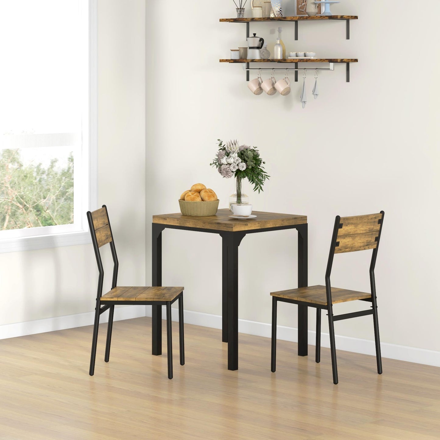 3 Pcs Compact Dining Table 2 Chairs Set Rustic Brown