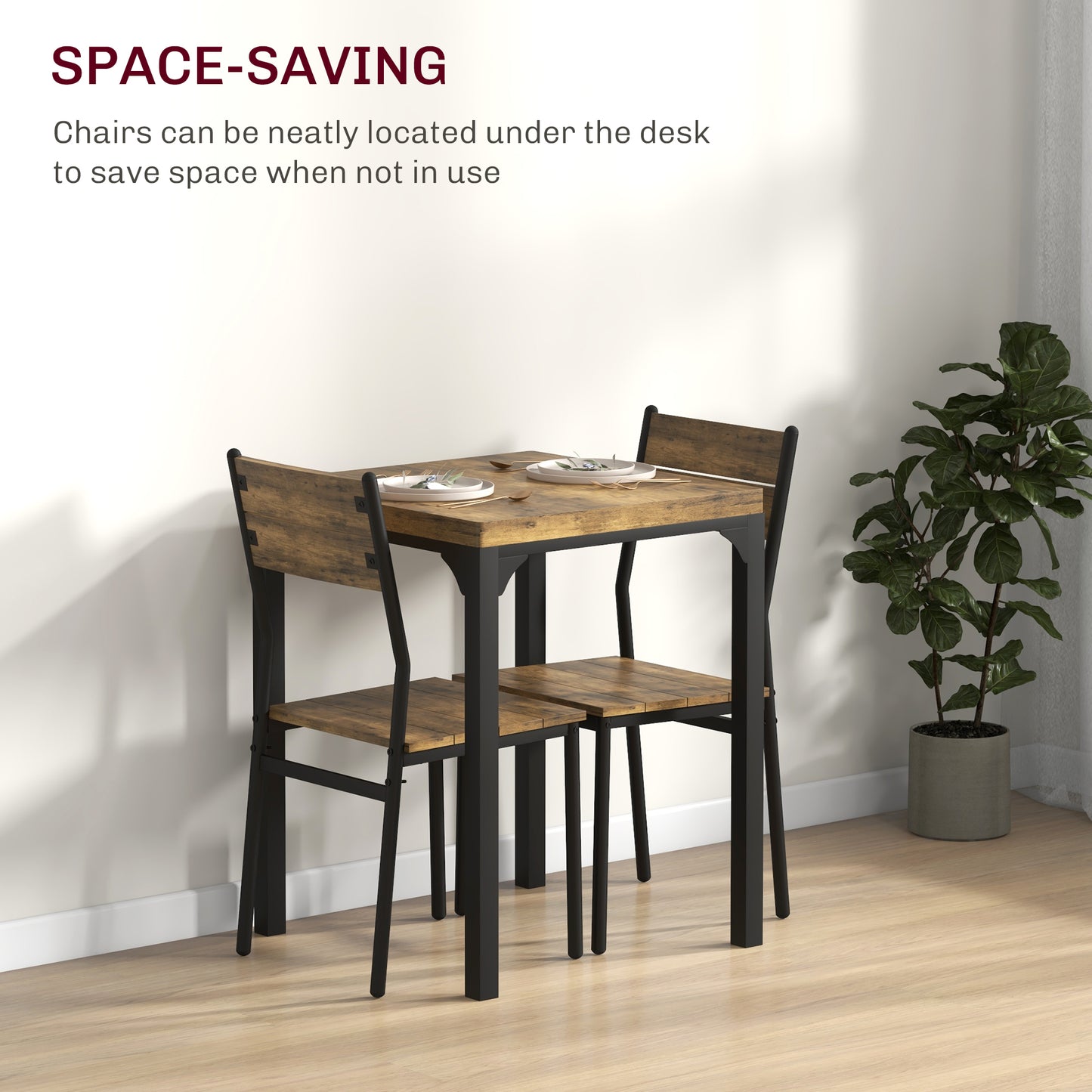 3 Pcs Compact Dining Table 2 Chairs Set Rustic Brown