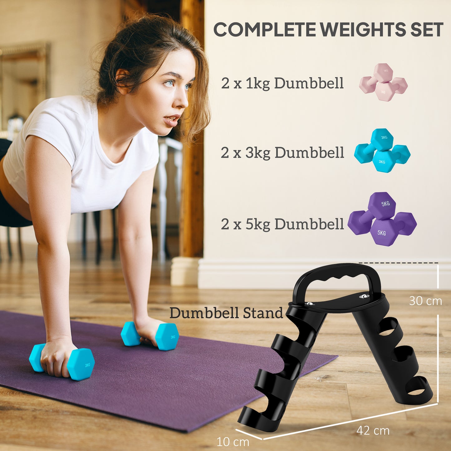 Complete weight set: This dumbbell set includes three pairs of weights – 1kg, 3kg and 5kg – great for boosting strength and fitness. Special dumbbell rack