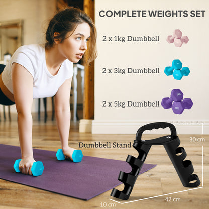 Complete weight set: This dumbbell set includes three pairs of weights – 1kg, 3kg and 5kg – great for boosting strength and fitness. Special dumbbell rack