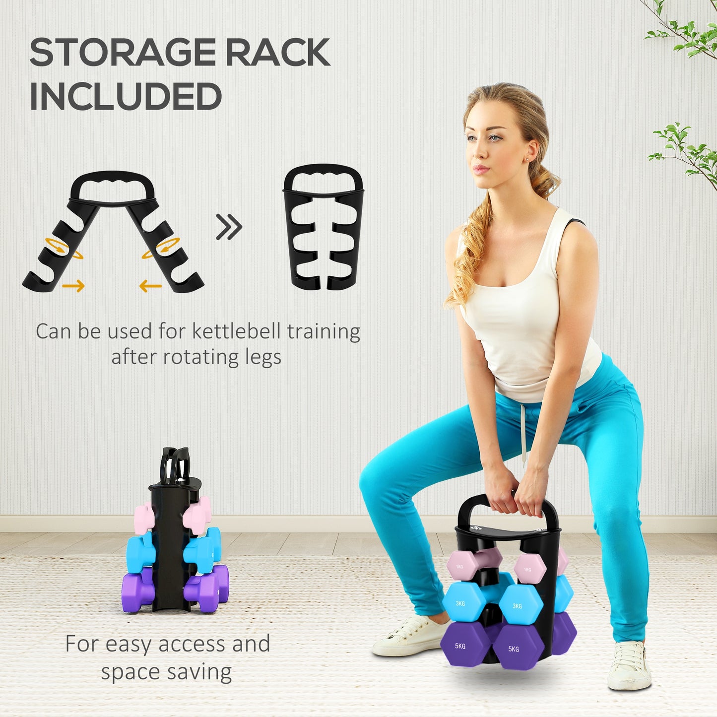Complete weight set: This dumbbell set includes three pairs of weights – 1kg, 3kg and 5kg – great for boosting strength and fitness. Special dumbbell rack