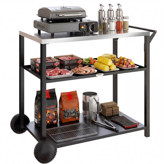 Outdoor Grill Cart, Food Prep Table on Wheels, Black