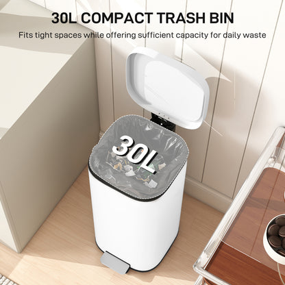 30L Kitchen Bin, Pedal Bin with Lid, Removable Inner Bucket, White