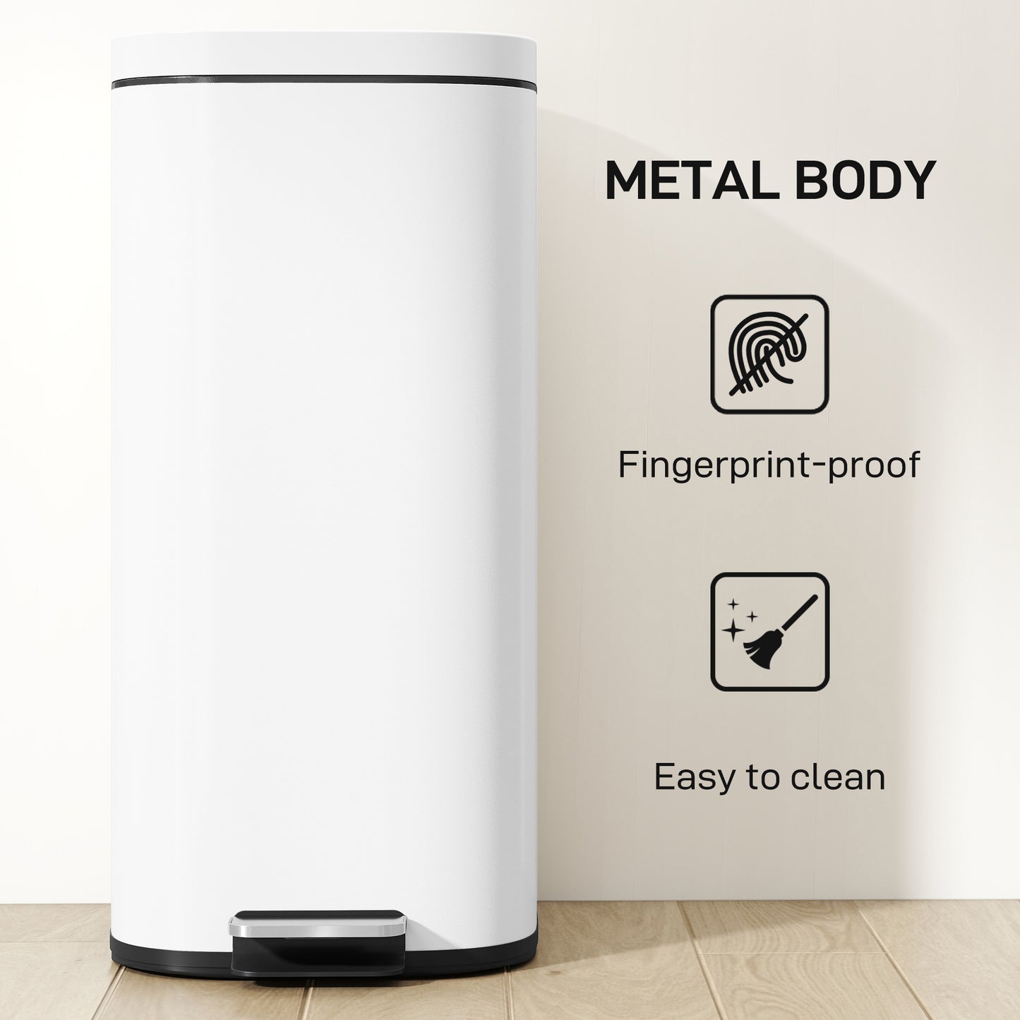 30L Kitchen Bin, Pedal Bin with Lid, Removable Inner Bucket, White