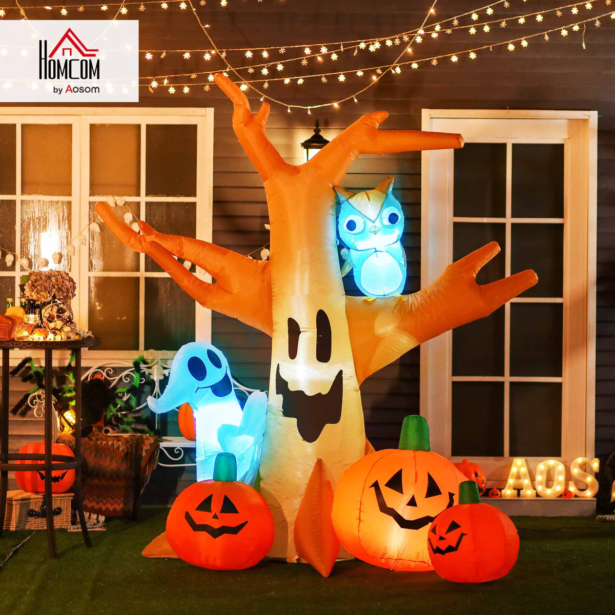 Halloween Inflatable Tree Ghost 3 Pumpkins Owl Lighted 4 LED for Lawn