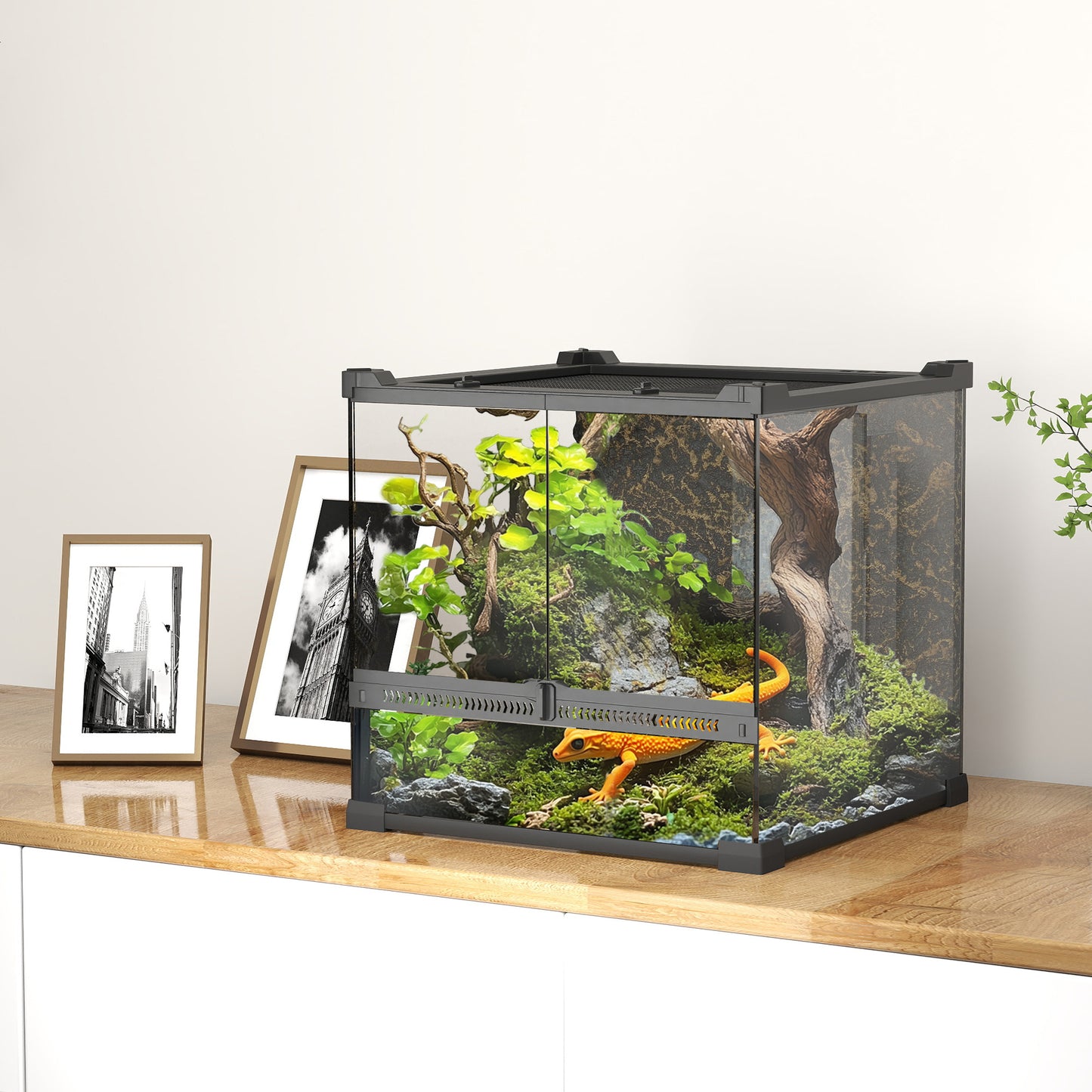24L Glass Terrarium, Reptile Vivarium with Stone Background, Black