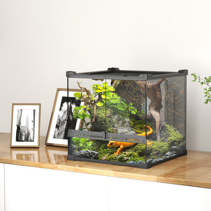 24L Glass Terrarium, Reptile Vivarium with Stone Background, Black