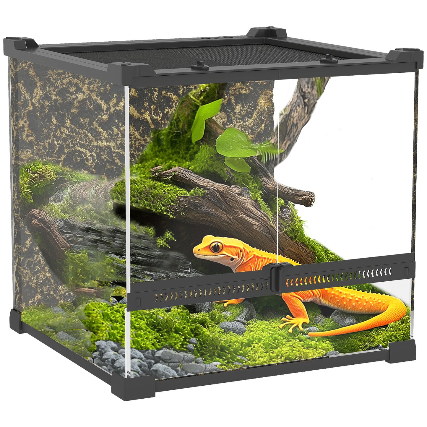 24L Glass Terrarium, Reptile Vivarium with Stone Background, Black