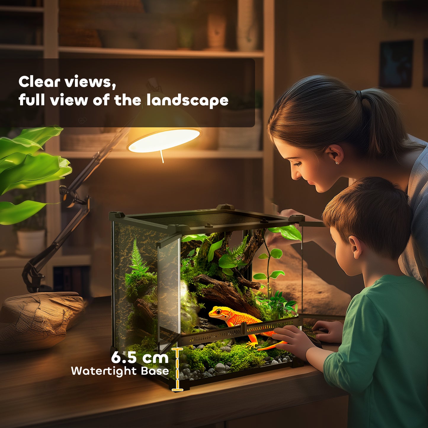 24L Glass Terrarium, Reptile Vivarium with Stone Background, Black