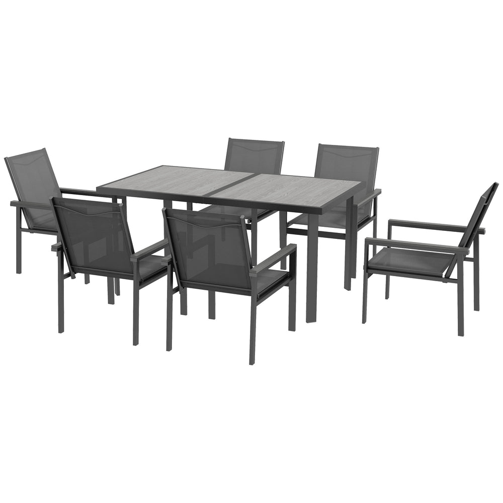 7 Pieces Garden Dining Set w/ Glass Top Dining Table, Outdoor Table and 6 Armchairs w/ Breathable Mesh Fabric Seats and Backrest