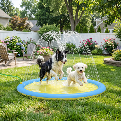 Dog Splash Pad, Pet Sprinkler Mat, Non-Slip Dog Paddling Pool, Foldable Outdoor Sprinkler and Splash Mat Water Play for Garden, Patio, Summer Fun, 150 cm, Yellow