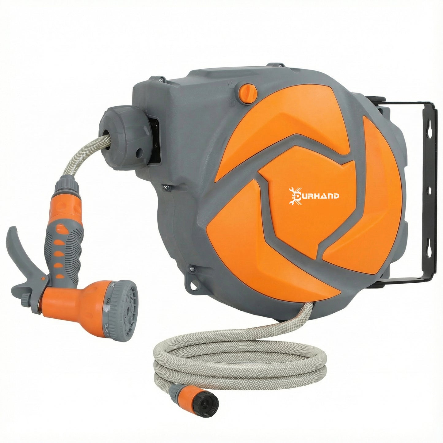DURHAND 10m Garden Hose Reel Wall Mounted Auto Rewind with 7 Patterns Spray Nozzle, Includes Wall Fixings, Dark Grey and Orange