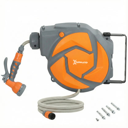 DURHAND 10m Garden Hose Reel Wall Mounted Auto Rewind with 7 Patterns Spray Nozzle, Includes Wall Fixings, Dark Grey and Orange