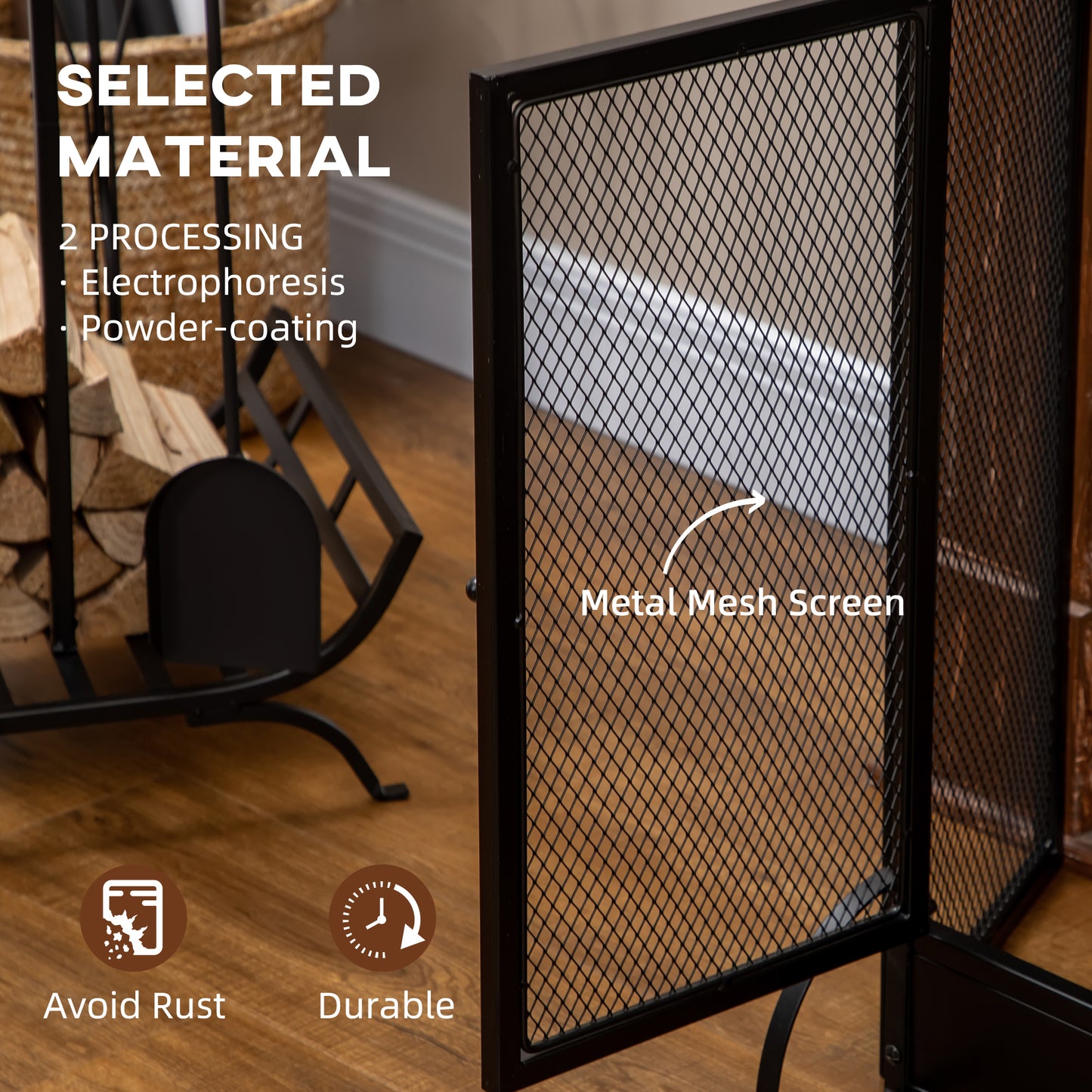 3-Panel Folding Freestanding Fireplace Screen with Door Metal Mesh, Black