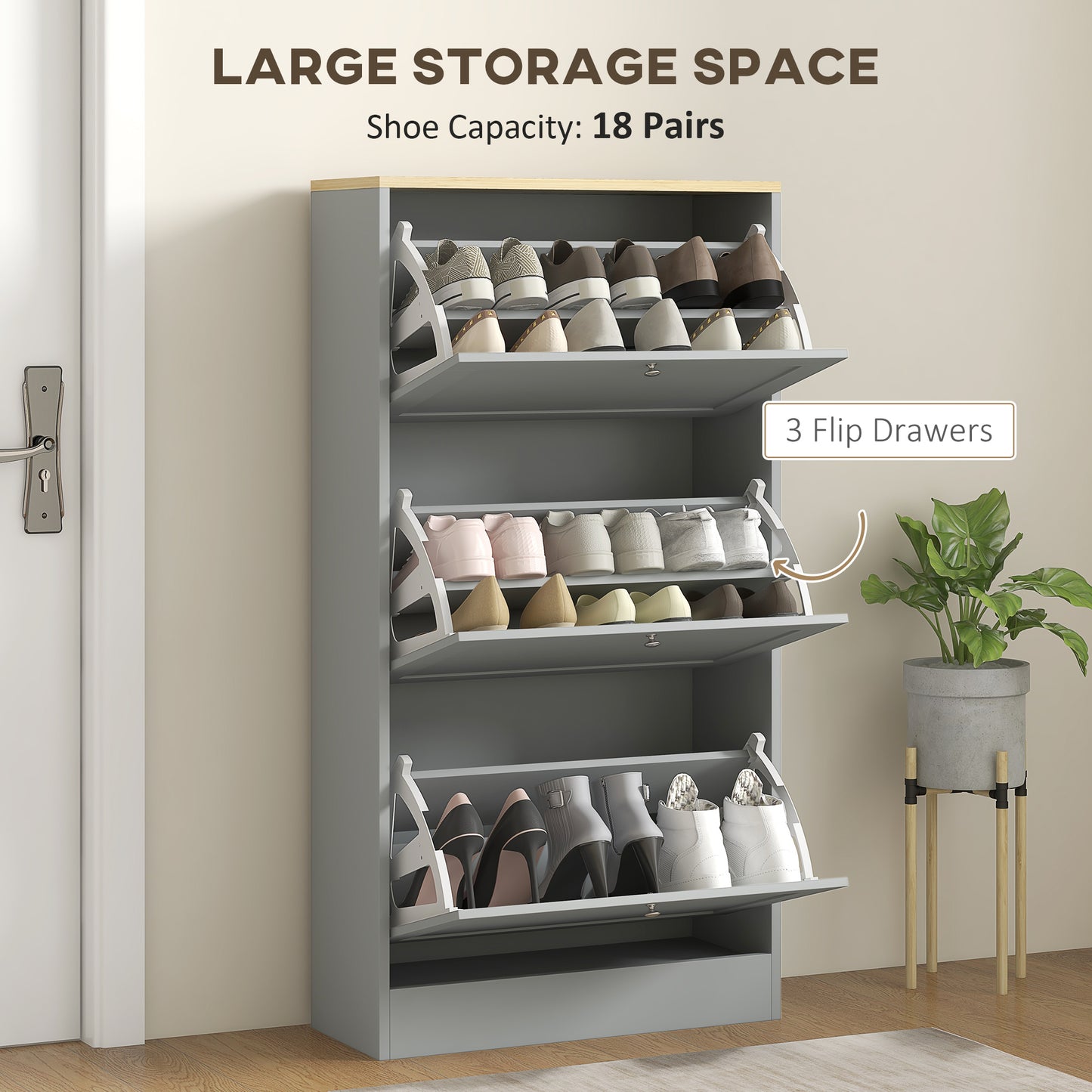 Narrow Shoe Cabinet with 3 Flip Drawers for 18 Pairs of Shoes Grey