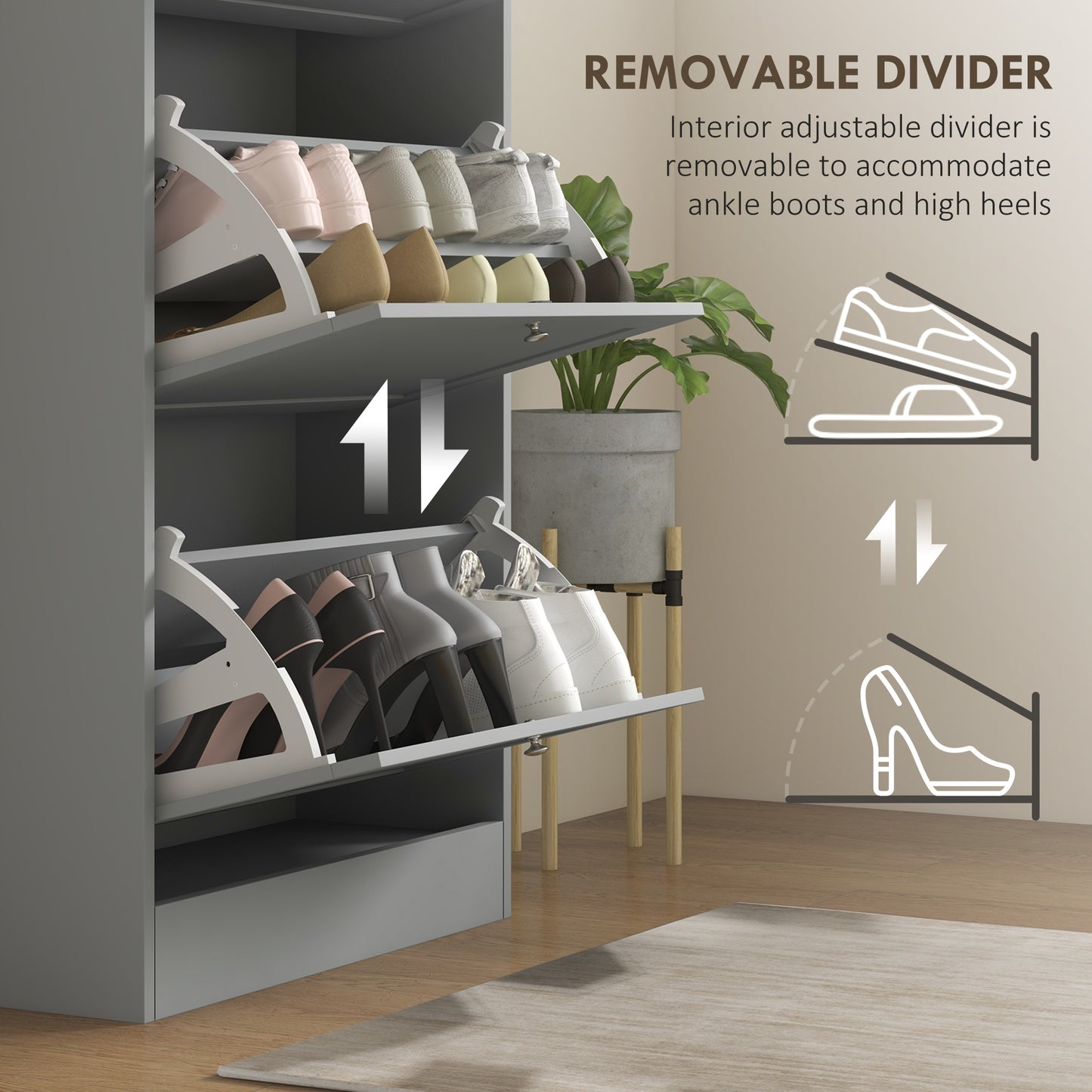 Narrow Shoe Cabinet with 3 Flip Drawers for 18 Pairs of Shoes Grey