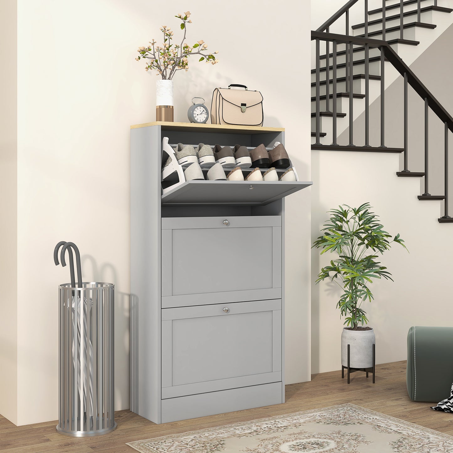 Narrow Shoe Cabinet with 3 Flip Drawers for 18 Pairs of Shoes Grey