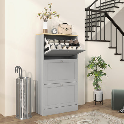 Narrow Shoe Cabinet with 3 Flip Drawers for 18 Pairs of Shoes Grey