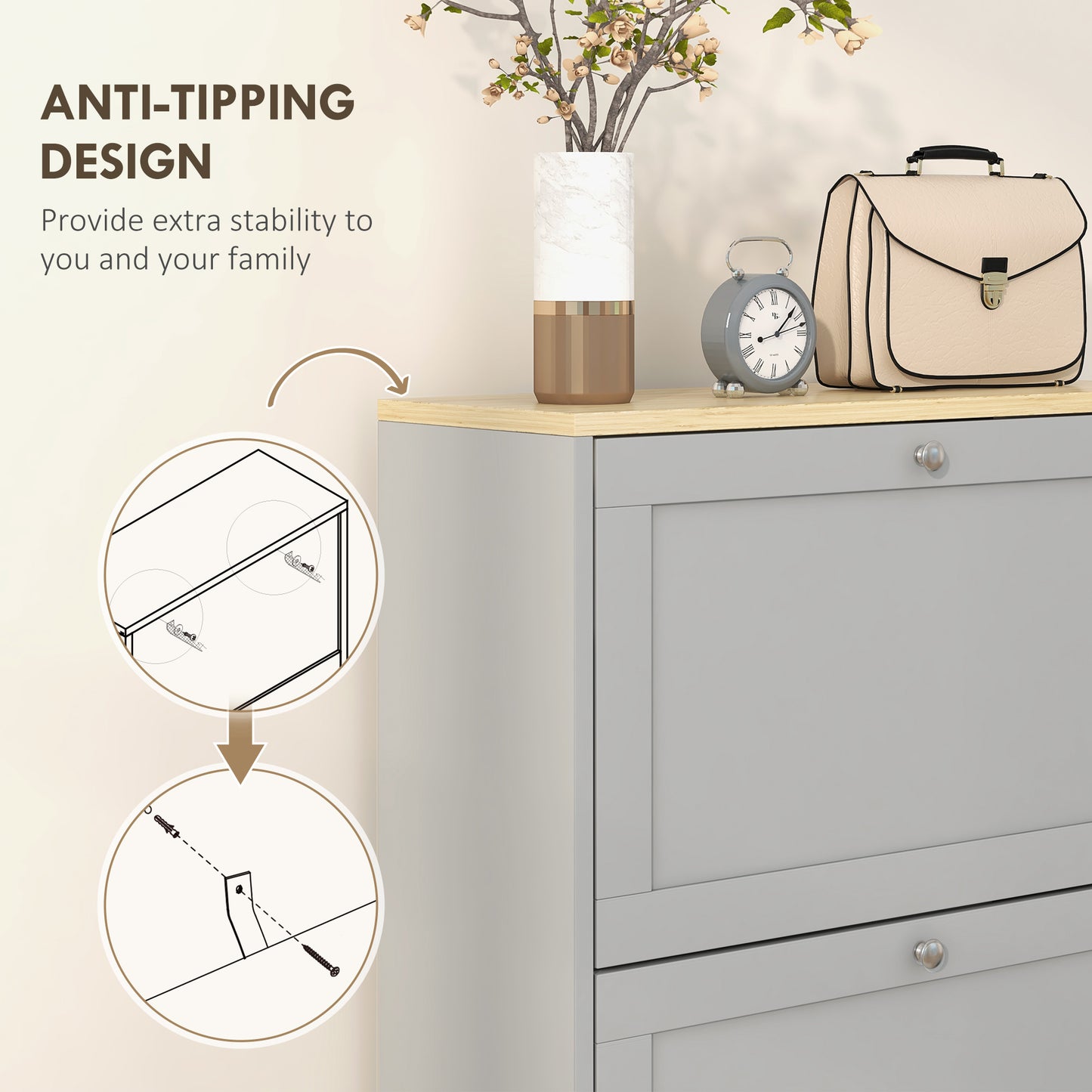 Narrow Shoe Cabinet with 3 Flip Drawers for 18 Pairs of Shoes Grey