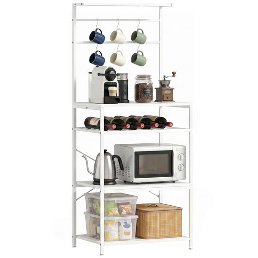 Freestanding Shelving Unit with 6 Hooks and Wine Rack, White