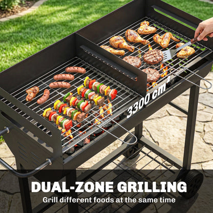 Charcoal Barbecue Grill with 2 Cooking Areas, Wheels