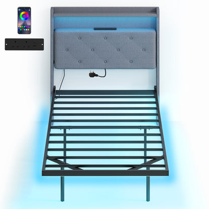 Floating Bed Frame with RGB Lights, Upholstered Single Size Bed, Grey