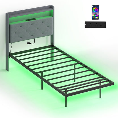 Floating Bed Frame with RGB Lights, Upholstered Single Size Bed, Grey