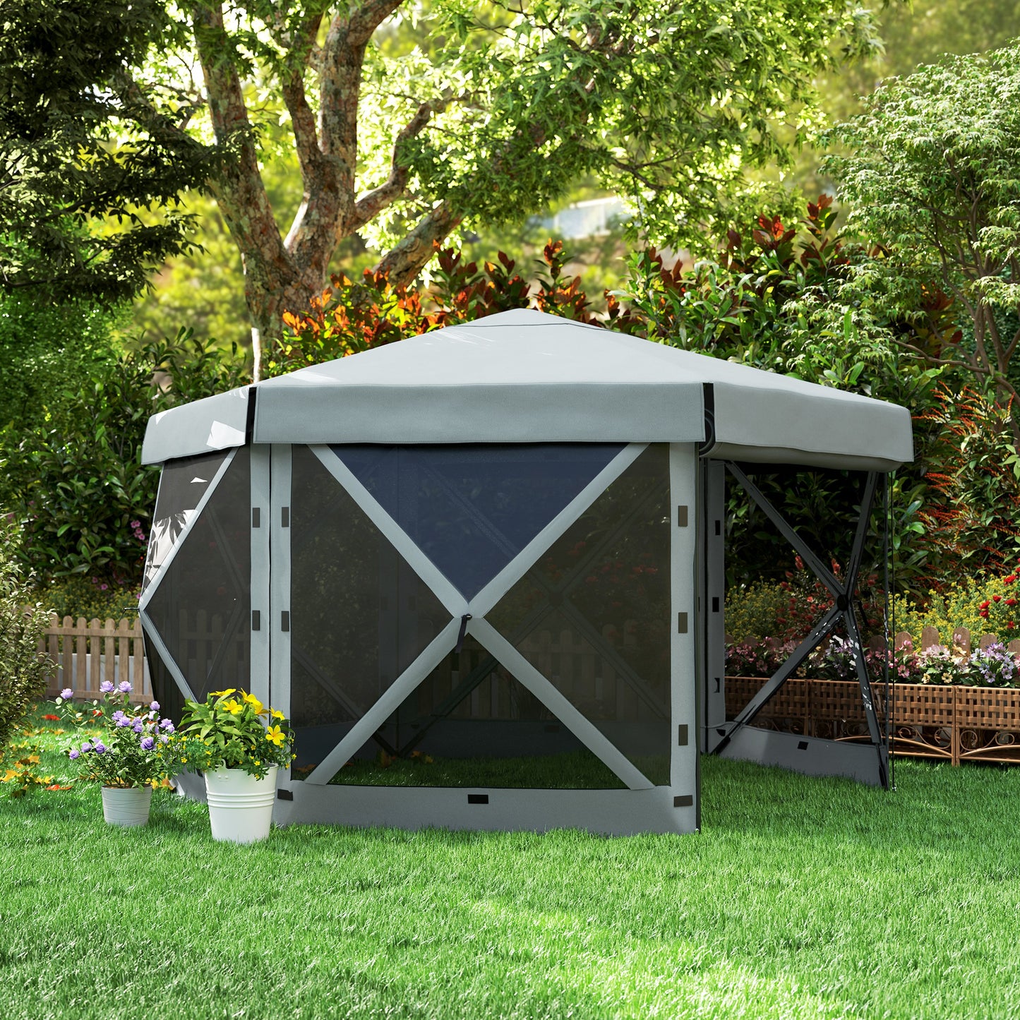 3 x 3(m) Hexagon Pop Up Gazebo with 5 Sides, Netting, Light Grey