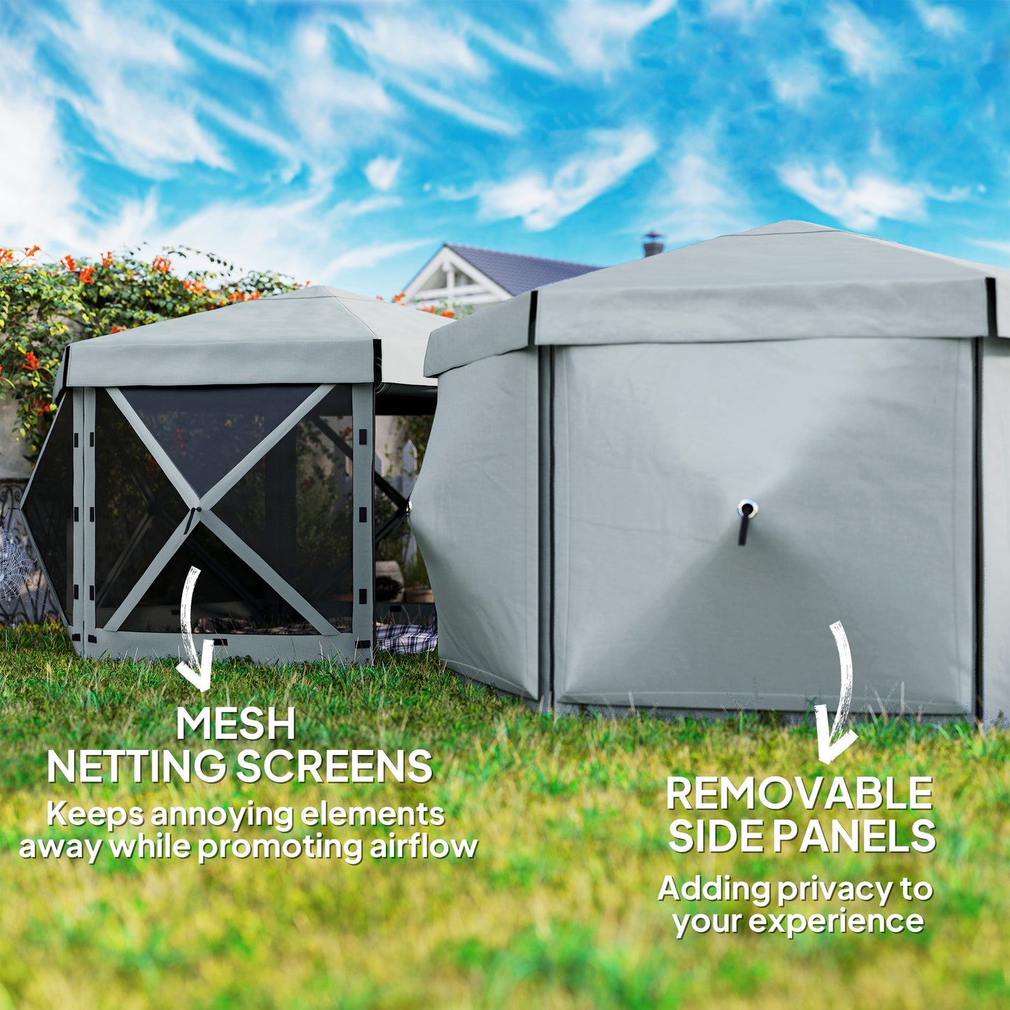 3 x 3(m) Hexagon Pop Up Gazebo with 5 Sides, Netting, Light Grey