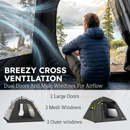 Camping Tent, 2 Man Dome Tent with 2 Doors and 2 Windows, 3000mm Waterproof, with Sewn-in Groundsheet, Carry Bag and Top Hook for Fishing Hiking Festival, Grey & Green