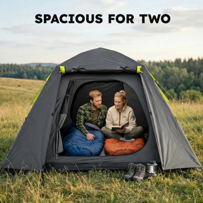 Camping Tent, 2 Man Dome Tent with 2 Doors and 2 Windows, 3000mm Waterproof, with Sewn-in Groundsheet, Carry Bag and Top Hook for Fishing Hiking Festival, Grey & Green
