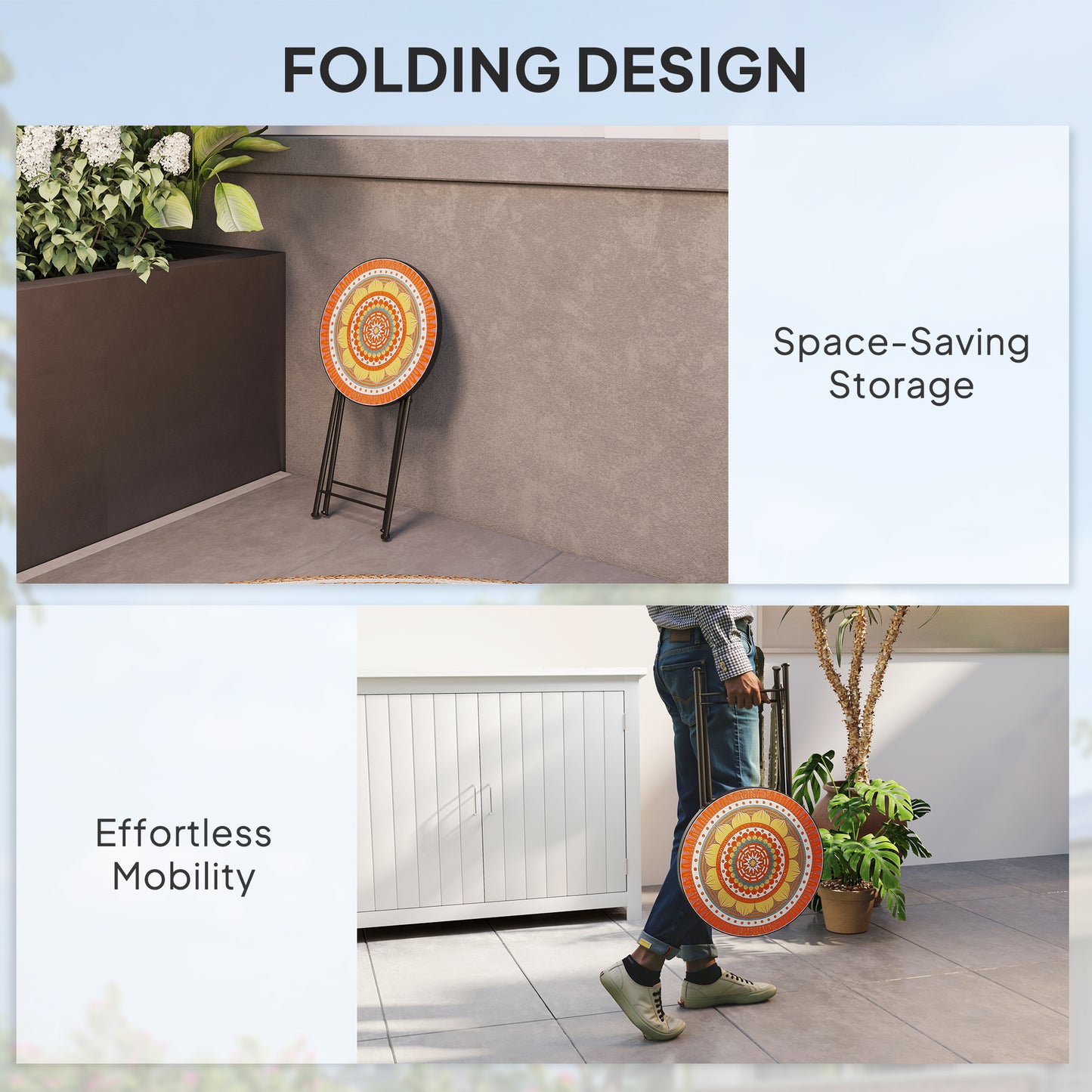 Mosaic Garden Table, 35.5cm Folding Coffee Table, Orange