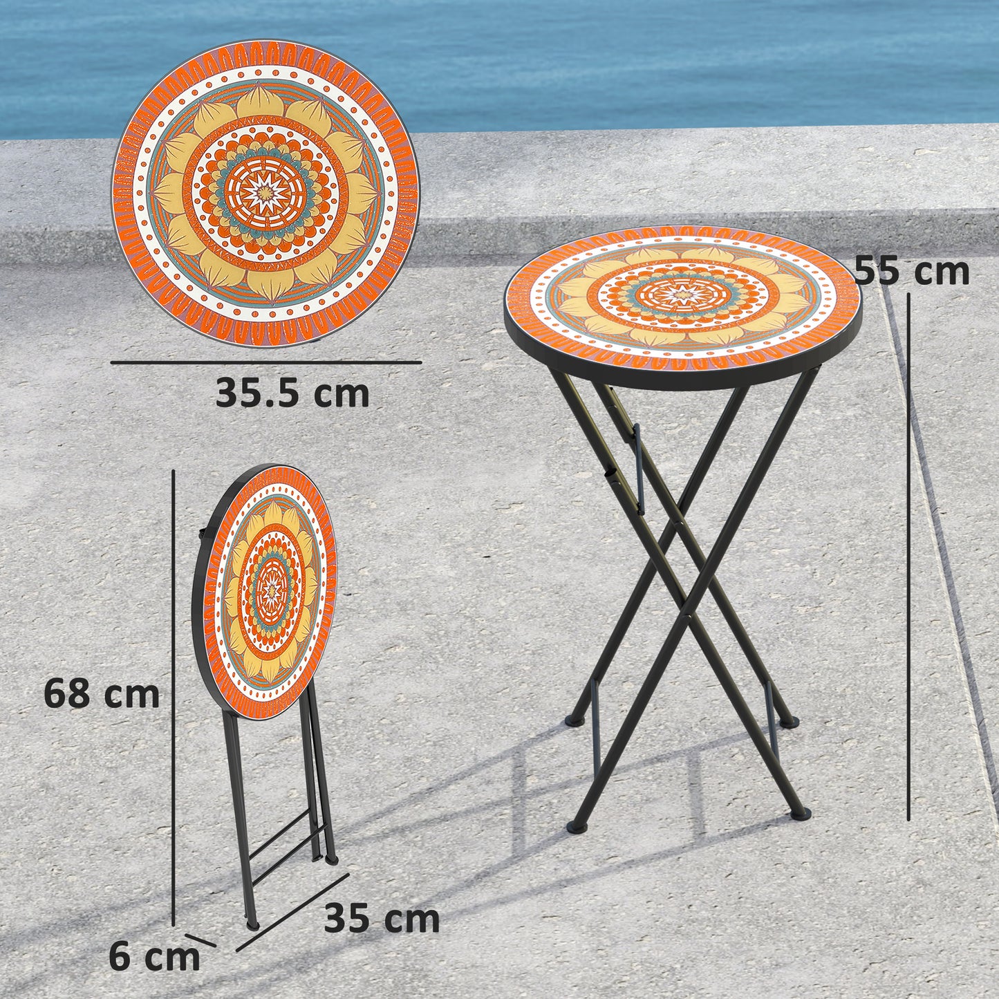 Mosaic Garden Table, 35.5cm Folding Coffee Table, Orange