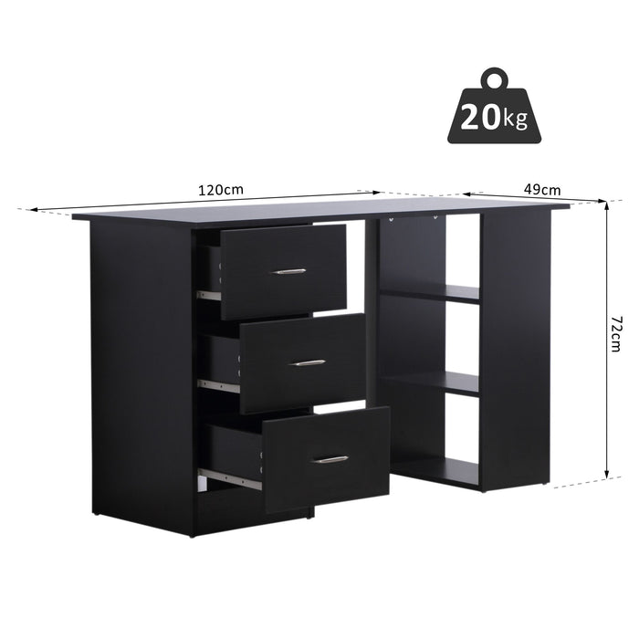 Modern Style Computer Desk Writing PC Table Workstation Laptop Study Stationery Cupboard w/ 3 Shelf & Drawers - Black 120H cm