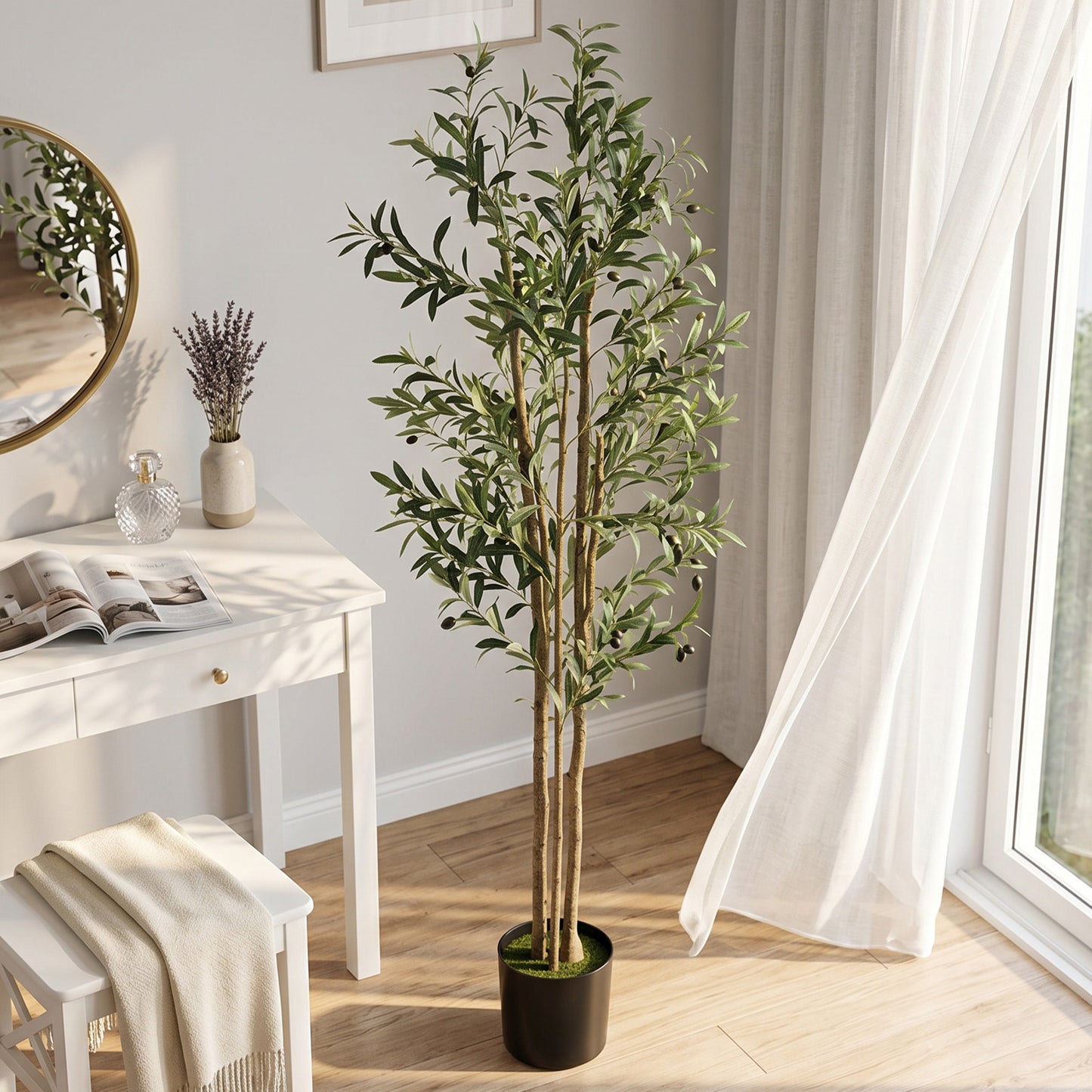175 cm Artificial Olive Tree, Tall Faux Plant with 787 Leaves & Adjustable Branches, Artificial Plant for Living Room Home Office Floor Indoors Outdoors