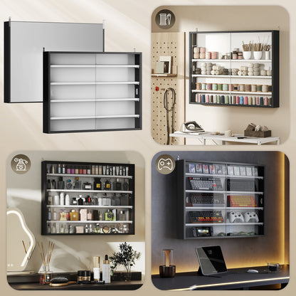 5-Tier Wall Display Shelf Cabinet with Glass Doors, Black and White