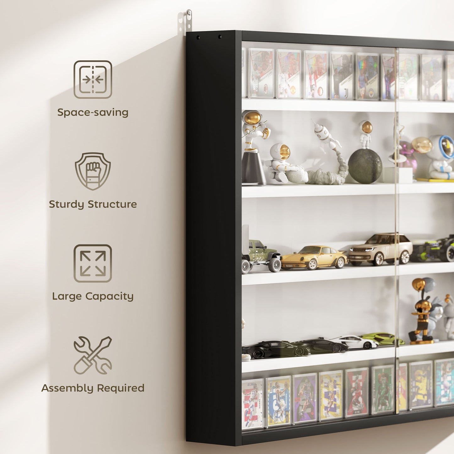 5-Tier Wall Display Shelf Cabinet with Glass Doors, Black and White
