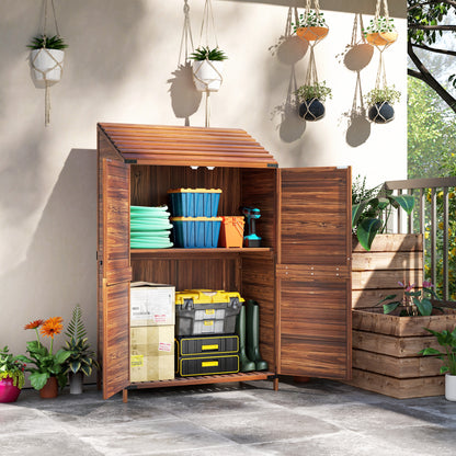 Wooden Garden Storage Shed w/Double Doors and Shelves, Mixed-Brown